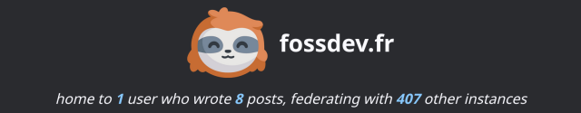 Screenshot of the header of fossdev.fr page on which it is written "home to 1 user who wrote 8 posts, federating with 407 other instances"