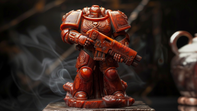a red stone sculpture of a space marine from Warhammer40K, there is a teapot-like object in the background along with some smoke or mist.