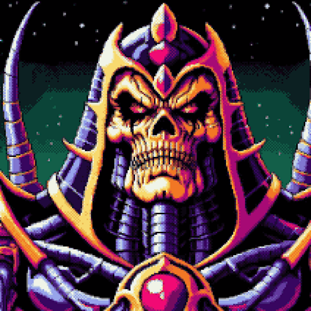 a being with a skull face with purple and gold armor, there are large purple metal spikes coming out of his back.