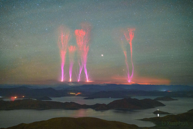 They are an unusual type of lightning that is much different from regular cloud-to-cloud and cloud-to-ground lightning. The bottoms of gigantic jets appear similar to a cloud-to-above strike called blue jets, while the tops appear similar to upper-atmosphere red sprites. Although the mechanism and trigger that cause gigantic jets remains a topic of research, it is clear that the jets reduce charge imbalance between different parts of Earth's atmosphere. A good way to look for gigantic jets is to watch a powerful but distant thunderstorm from a clear location. 