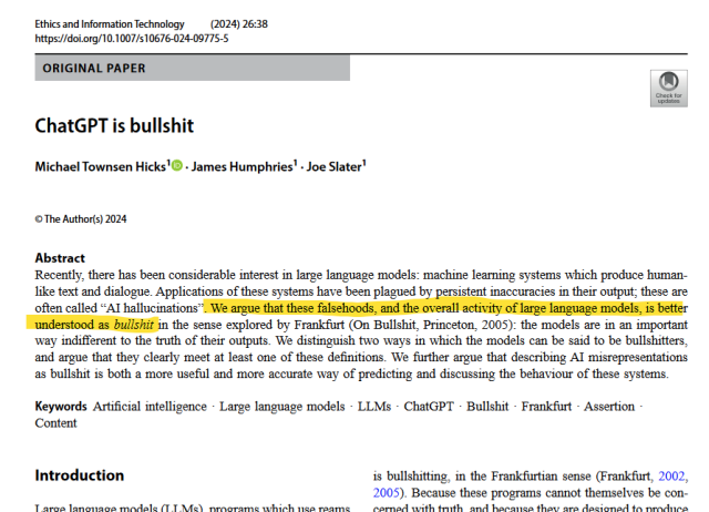 Screenshot of a journal paper titled "ChatGPT is bullshit", with yellow highlighting the sentence in the  paper's abstract "We argue that these falsehoods, and the overall activity of large language models, is better understood as bullshit"