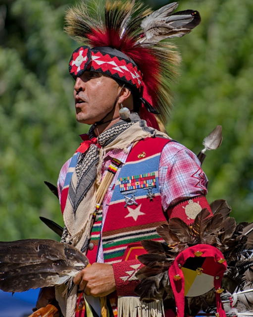 Color portrait photo of a Native-American in Powwow regalia. It's a semi-profile shot with the man facing to the left. He wears a red, white, and black headband mostly decorated with triangles; a porcupine head dress with eagle feathers; he wears a collared long-sleeve shirt with a small red and white square pattern. Around his neck is a handwoven scarf of a natural colored fiber with a black zig-zag design. A bit of a bone neckless or breast plate is visible. Over the shirt he wears a wool vest with a colorful horizontal line pattern of red, blue, white, brown, and green. Over his left breast are a number of military ribbons and metals. He has a featured arm band on his left arm and above that a woven arm band depicting a tortoise. In his left hand he holds a bunch of feathers.