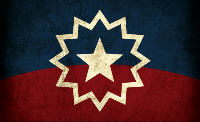 Grunged interpretation of the Juneteenth flag ... a five-point white star surrounded by a twelve-point white ring, both on a slightly curved field of navy and crimson.
