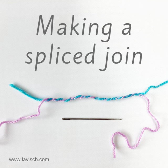 The spliced join being shown with lilac and turquoise yarn, on a white background.
