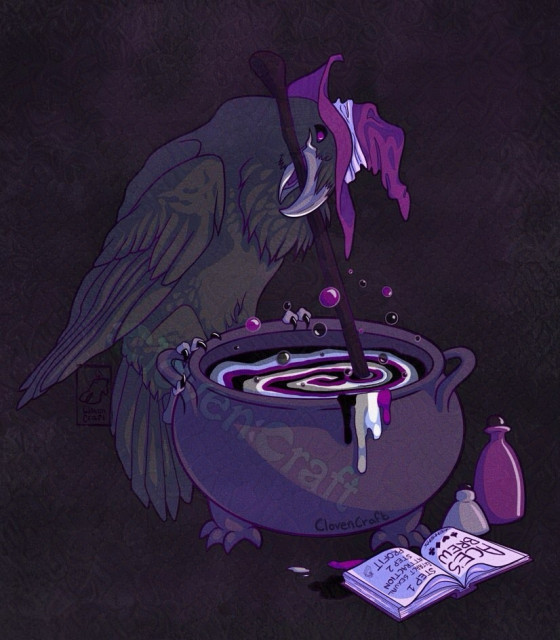 A raven wearing a witch hat stirs a bubbling cauldron. The colors that swirl inside match those of the asexual flag— black, grey, white and purple. Next to the clawed feet of the cauldron lies a recipe book and a couple bottles of ingredients. The text in the book reads, "Ace's Brew. Step 1: Extract sexual attraction. Step 2: Profit."