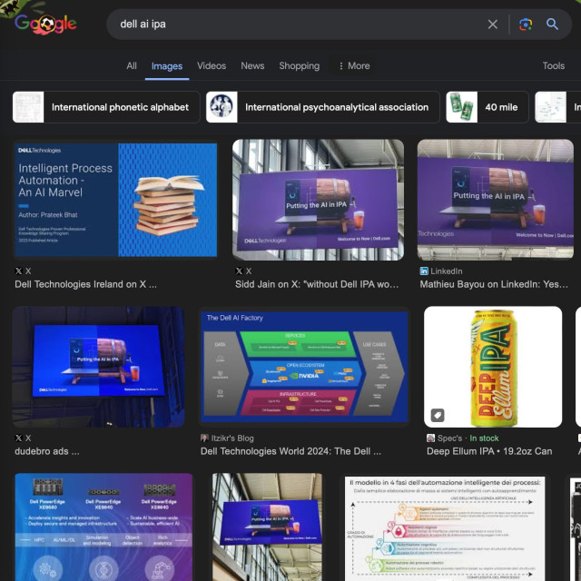 Google images search results for "dell ai ipa" showing multiple shots of the "DELL: Putting the AI in IPA" advertisement from different sources
