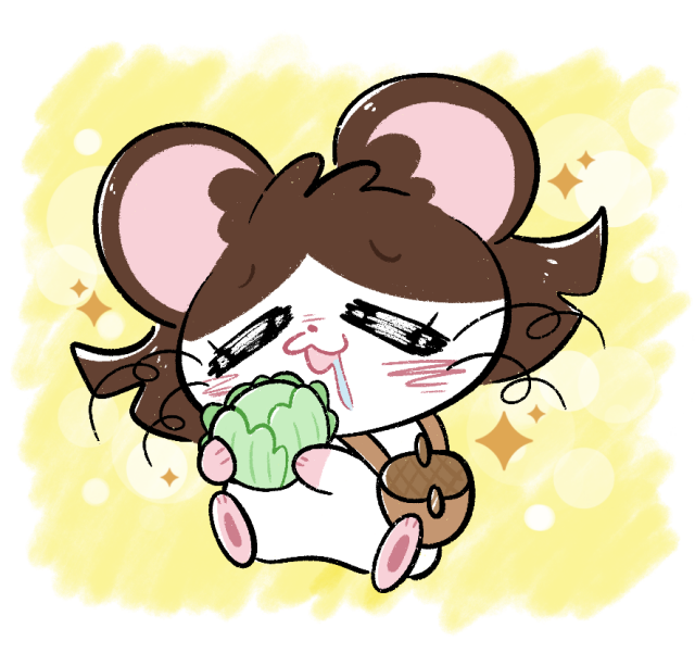 Art of my Hamtaro sona Zuzu, lovingly cuddling a head of cabbage. She's drooling and blushing, with sparkles all around her. 