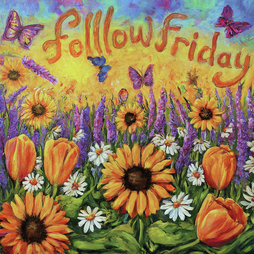 An AI generated image that says Follow Friday and has a bunch of abstract looking flowers and butterflies.