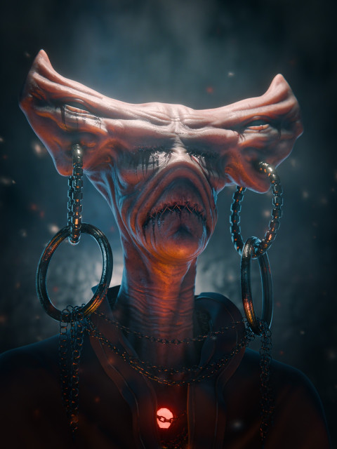 Portrait of a demon like creature on a dark background. 3D Render