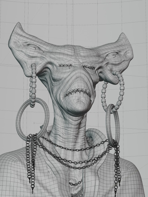 Portrait of a demon like creature on a dark background. Wireframe view
