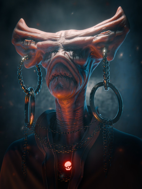 Portrait of a demon like creature on a dark background. 3D Render. Alternative view