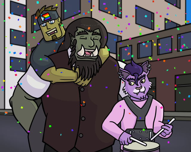 A drawing of two orcs and a tabaxi marching at a parade.