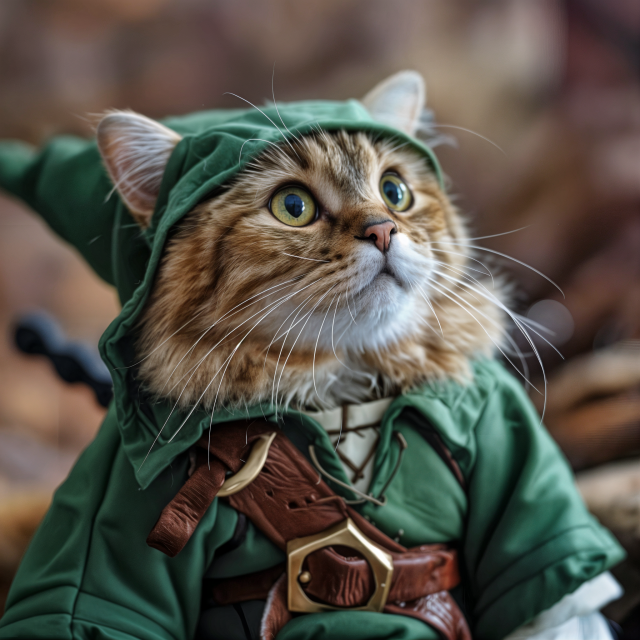A cat dressed as Link from the Legend of Zelda. The cat is wearing a green hooded tunic with a leather belt and shoulder straps, complete with a buckle and detailed stitching. The costume includes small accessories such as a brown pouch and a small replica sword sheath on the cat's back. The cat's wide eyes and alert expression add to the adventurous and heroic look, reminiscent of the iconic video game character Link.