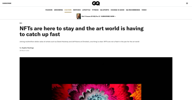 Screenshot of an article on GQ magazine's website with the headline "NFTs are here to stay and the art world is having to catch up fast".