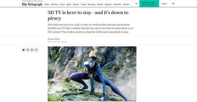 Screenshot of an article from the Telegraph website with the headline "3D TV is here to stay - and it's down to piracy".