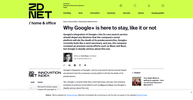 Screenshot of an article from the ZD Net website with the headline "Why Google+ is here to stay, like it or not".
