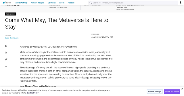 Article on Nasdaq.com with the headline "Come what may, the Metaverse is here to stay".