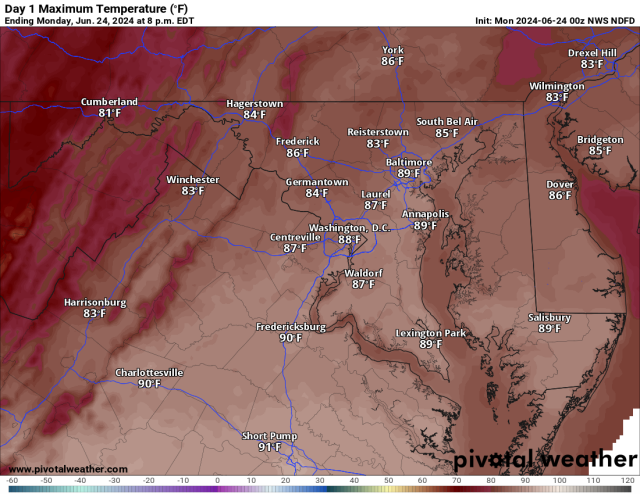 Temperature forecast map for northern Virginia and Maryland for Monday showing highs ranging from the low 80s to low 90s
