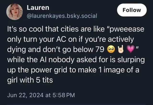 Lauren @laurenkayes.bsky.social
It's so cool that cities are like “pweeease only turn your AC on if you're actively dying and don’t go below 79" while the Al nobody asked for is slurping up the power grid to make image of a girl with 5 tits

Jun 22, 2024 at 5:58 PM 
