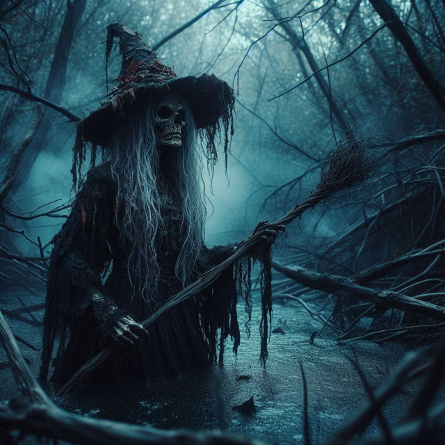 Witch in a dark swamp, eery, dark fantasy, vibrant colors, wicket, creepy,