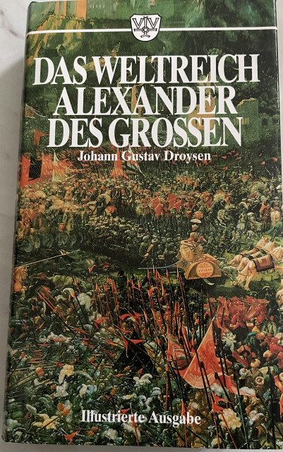 #AltText
Cover from a historical book 
Alexander the Great
Johann Gustav Droysen

An ancient battle is printed on the cover 