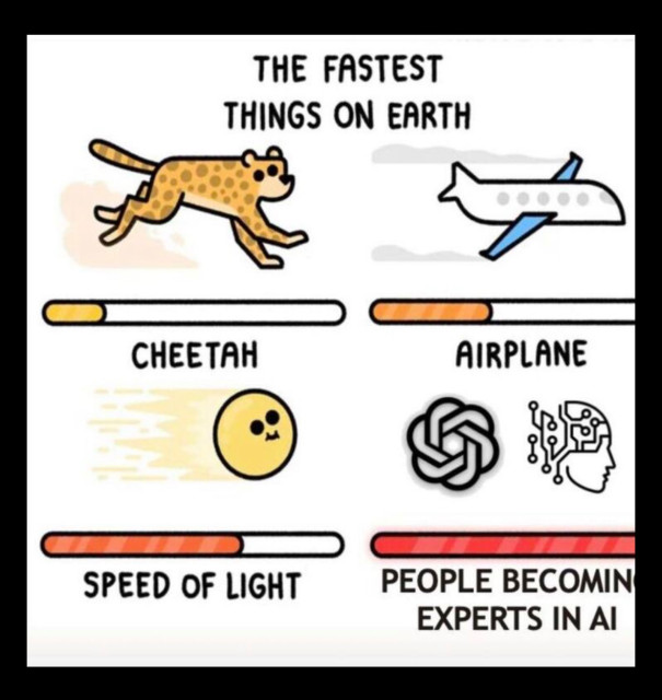 Comic in four panes, titled The Fastest Things on Earth. 

From slowest to fastest:

Cheetah

Airplane

Speed of light 

People becoming experts in AI