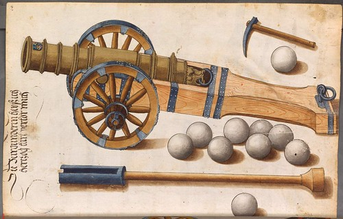 painting of a 16th century Spanish cannon with bullets and required loadings tools.