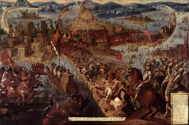 An epic painting of the Spanish marching into Tenochtitlan, the capital of Mexico. The city sits on different islands, a huge pyramid in the centre. On a bridge leading into the city, a huge battle between the Spanish and an indigenous army takes place.