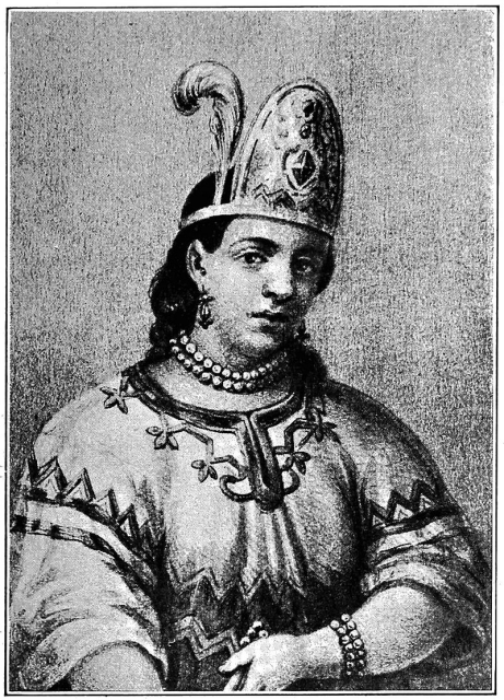 An engraving of Malintzin, a dark haired woman with big eyes and a rather wide nose. 

She is wearing a kind of tiara with a feather on it, a pearl necklace and a bright shirt with geometric ornaments.