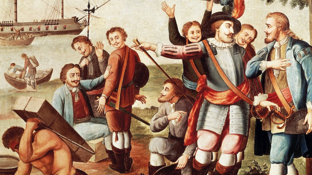 A painting of Cortez arriving on the American continent.

In the background, there is a galleon  at sea, being unloaded. Ashore, Cortez, in plated breast armour and with a feathered hat, disputing with his officers, whilst men are unloading equipment from small boats.