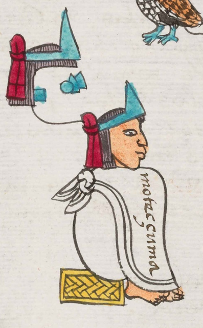 A simple painting of King Moteczuma/Montezuma 

A dark haired man in a white poncho sitting on a simple mat. 

He is wearing a simple blue crown.

To the left above, a slightly more detailed view of hair and crown. To the right, above, a bird's feet. 