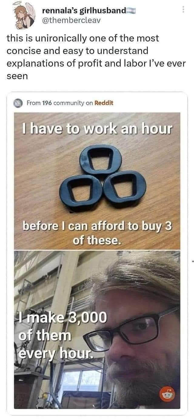 A tweet highlighting a Reddit post. The post states that it takes an hour of work to afford three items that the worker produces 3,000 of in an hour.