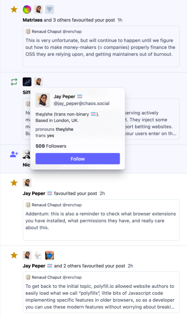 A screenshot of the Mastodon web interface notification tab, with a popover displayed near a user’s avatar.
The popover shows the user profile picture, name, profile fields, number of followers and a follow button.