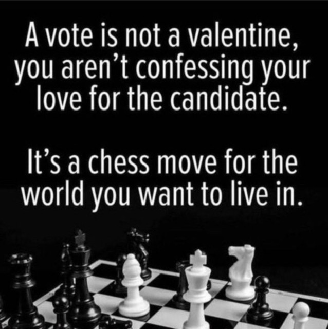 A vote is not a valentine, you aren't confessing your love for the candidate.

It's a chess move for the world you want to live in.