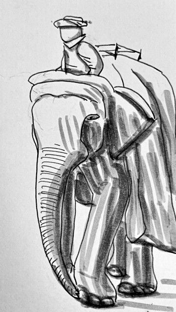 Ink sketch of an elephant and rider for  curator prompt 180. 