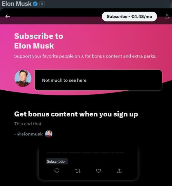 Screenshot of the first part of the Elon Musk X-subscription page "Subscribe to Elon Musk..."