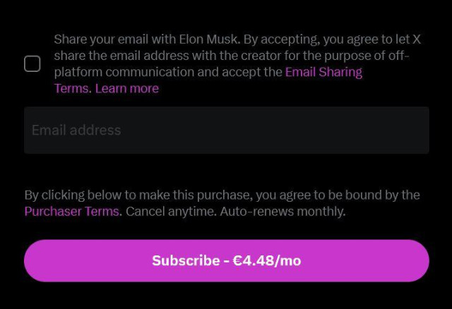 Screenshot of the third part of the Elon Musk X-subscription page "Share your email with Elon Musk..."