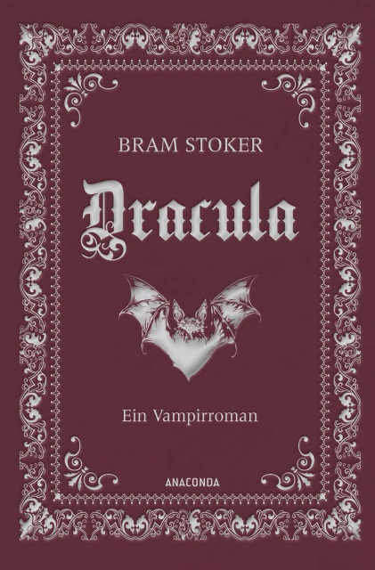 A book in dark red. The delicately painted margin, title and illustration in silvery white.

From top to bottom:

Bram Stoker
Dracula

The drawing of a bat 

Text: Ein Vampirroman
Name of the publisher: Anaconda