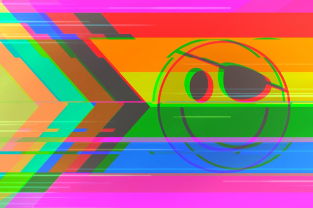 Abstract image featuring a glitch effect with colorful, diagonal lines and a faint smiley face wearing an eyepatch in the background.