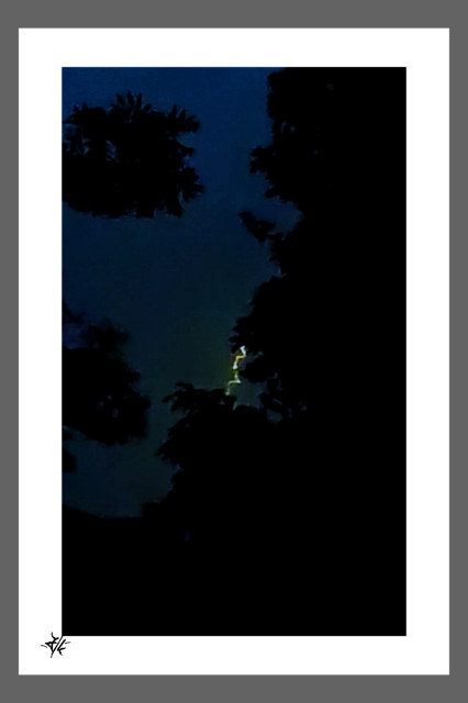 Foto von einem Blitz in der Morgendämmerung. Zwischen den Bäumen schlängelt er sich, in der Ferne, am Himmel entlang.
Das Bild ist bearbeitet, Belichtung, Wärme, Kontraste etc. .