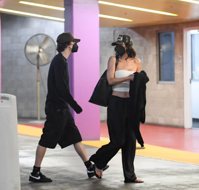 Photo of Kylie Jenner and Timothée Chalamet going to the movies in LA wearing respirators. 