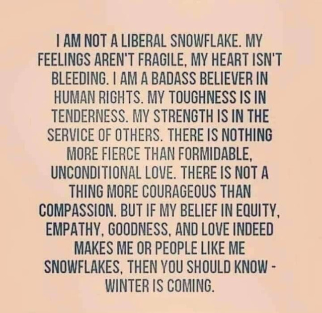 I AM NOT A LIBERAL SNOWFLAKE. MY FEELINGS AREN'T FRAGILE, MY HEART ISN'T BLEEDING. I AM A BADASS BELIEVER IN HUMAN RIGHTS. MY TOUGHNESS IS IN TENDERNESS. MY STRENGTH IS IN THE SERVICE OF OTHERS. THERE IS NOTHING MORE FIERCE THAN FORMIDABLE, UNCONDITIONAL LOVE. THERE IS NOT A THING MORE COURAGEOUS THAN COMPASSION. BUT IF MY BELIEF IN EQUITY, EMPATHY, GOODNESS, AND LOVE INDEED MAKES ME OR PEOPLE LIKE ME SNOWFLAKES, THEN YOU SHOULD KNOW - WINTER IS COMING.