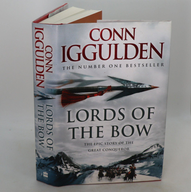 Book cover:

Conn Iggulden--Lords of the Bow


Picture shows a huge flying arrow

Below, snow-capped mountainbike with horsemen in between.