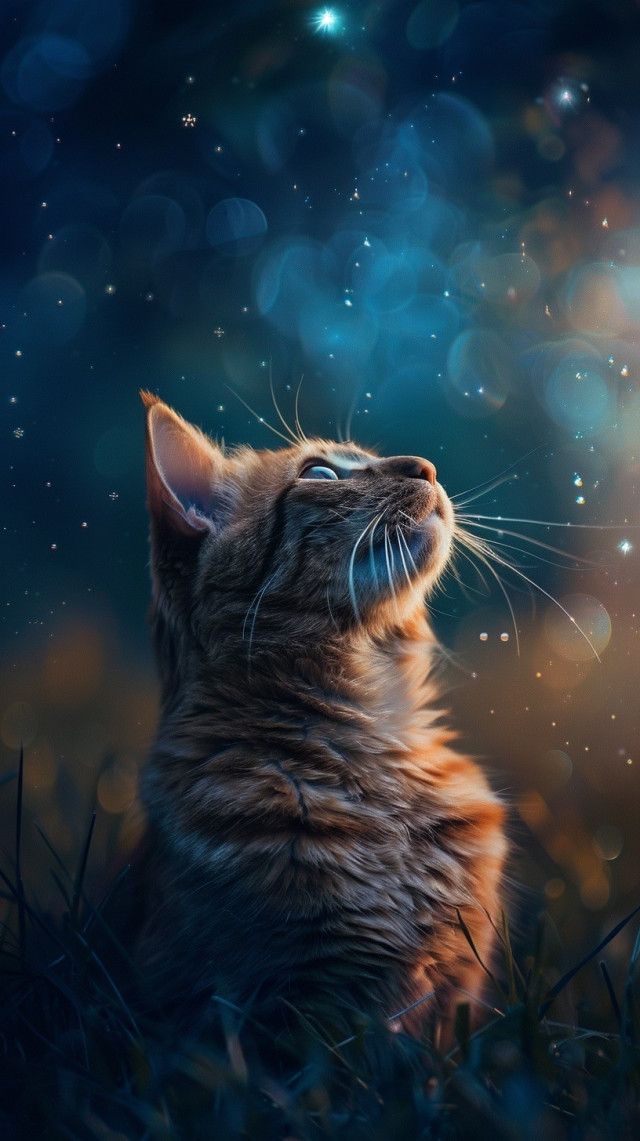 A cat gazes upwards with a dreamy expression, surrounded by an ethereal background of glowing, soft-focus lights and a starry night sky. The atmosphere is whimsical and magical, creating a sense of wonder and serenity.