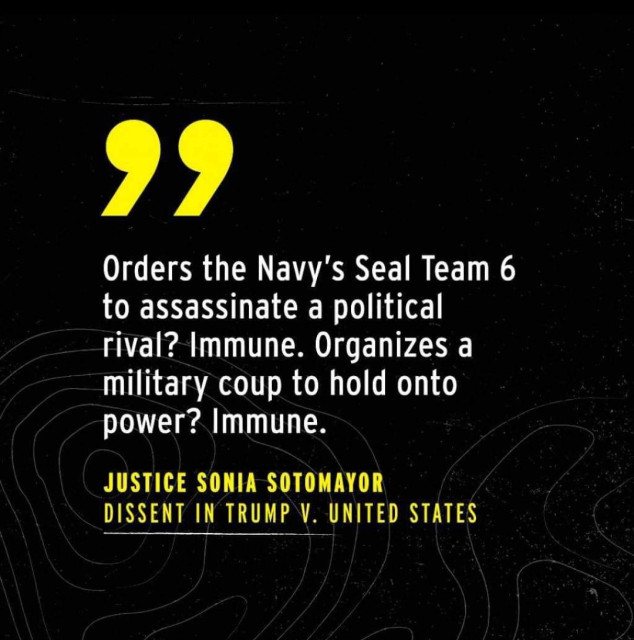 Orders the Navy's Seal Team 6 to assassinate a political rival? Immune. Organizes a military coup to hold onto power? Immune.

JUSTICE SONIA SOTOMAYOR

DISSENT IN TRUMP V. UNITED STATES 
