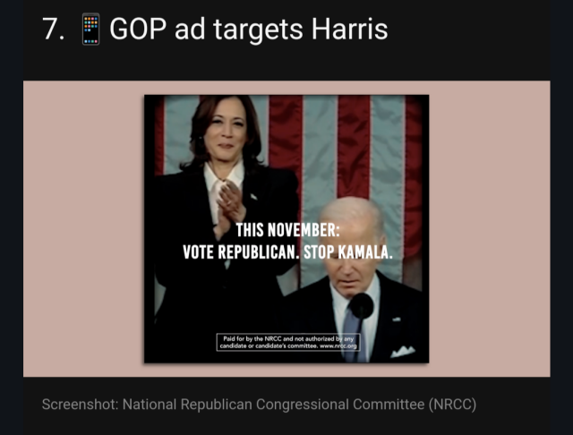 Screenshot of GOP ad attacking Harris that shows her standing behind Biden overlayed with text "This November: Vote Republican. Stop Kamala."
