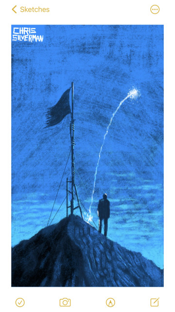 A person stands on a rocky mountain peak at sundown. At the top of the peak is a ragged flag, nationality indeterminate, held together by an extremely rickety flagpole that is literally tied together. Arching into the sky is the white bolt of a firework about to explode. This is a mostly blue drawing.