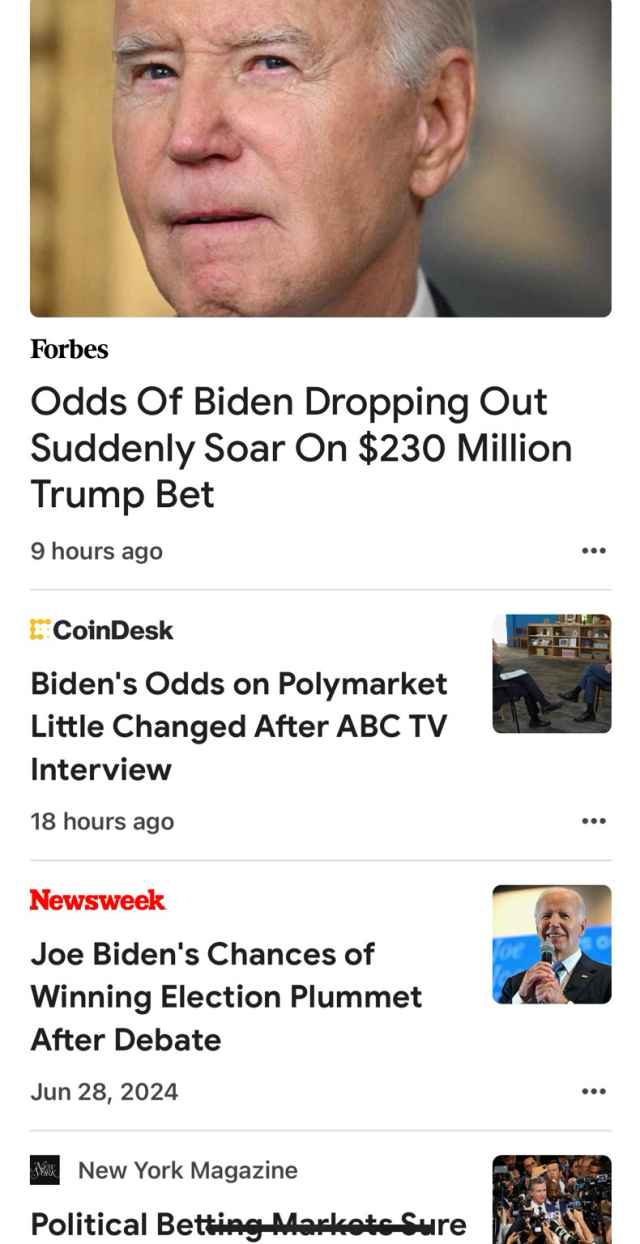 Various headlines referring to odds of Biden dropping out of the race 