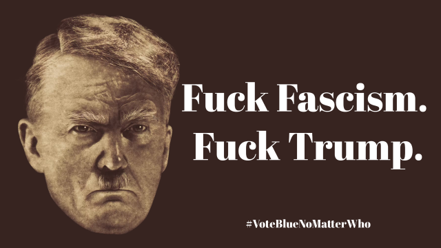 Trump stylized as Hitler.
Caption:
Fuck Fascism.
Fuck Trump.
#VoteBlueNoMatterWho
