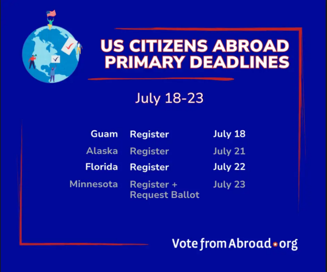 = US CITIZENS ABROAD PRIMARY DEADLINES July 18-23 \ Guam Register July 18 Alaska Register BV AAwA Florida Register July 22 Minnesota Register + July 23 Request Ballot Vote fromAbroad«org 